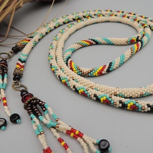 Southwest Native Themed Long Bead Crochet Lariat, Turquoise, Red, Beige