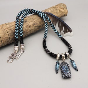 Sky Blue, Black, and Silver Zigzag Bead Crochet Necklace with Handcrafted Feather Focal
