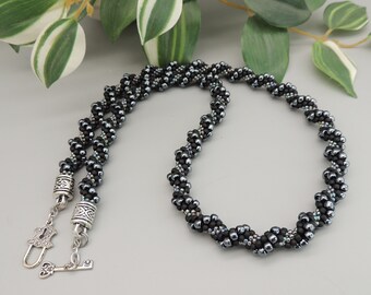 Hematite and Matte Black Bead Crochet Spiral Twist Necklace