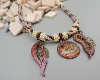 Women's Seed Bead Necklace - Beige and Purple Bead Crochet with Handcrafted Focals