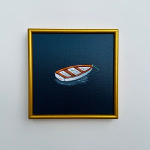 Original Mini Painting / Mini Art / Small Art / Framed Print | Vintage Print / Still Life / Row Boat / Sea / Navy Art / Sara Beckley