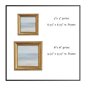 May include: Two framed landscape prints. The top print is 12.7cm x 12.7cm and the bottom print is 20.3cm x 20.3cm. Both prints have gold frames. The text on the image reads: 5" x 5" print, 6.75" x 6.75" w. frame, 8" x 8" print, 9.75" x 9.75" w. frame.