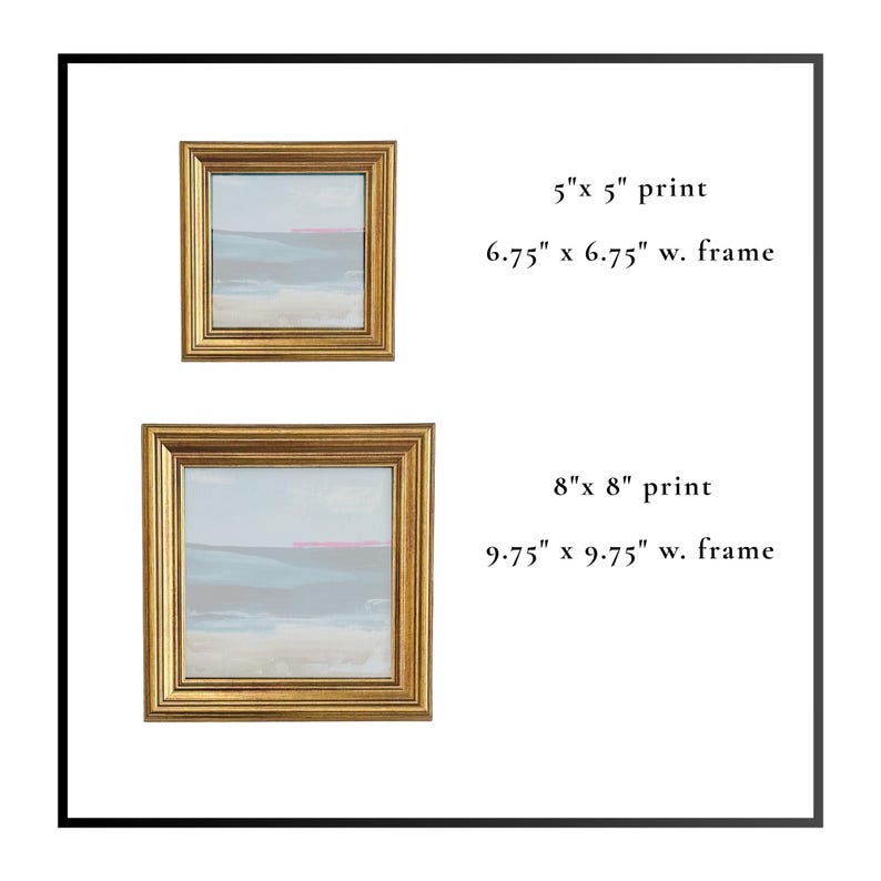 May include: Two framed landscape prints. The top print is 12.7cm x 12.7cm and the bottom print is 20.3cm x 20.3cm. Both prints have gold frames. The text on the image reads: 5" x 5" print, 6.75" x 6.75" w. frame, 8" x 8" print, 9.75" x 9.75" w. frame.