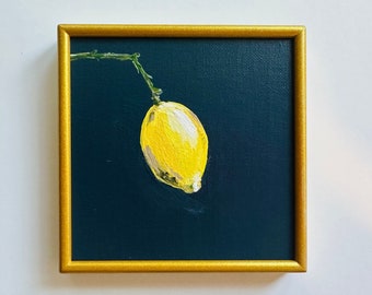 Original Mini Painting / Mini Art / Small Art / Framed Print / Vintage Print / Still Life / Last Lemon / Sara Beckley