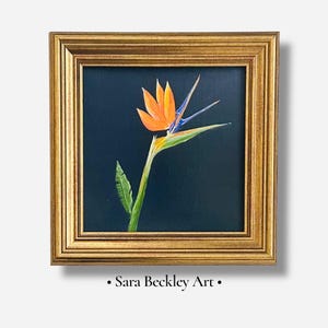 May include: A framed painting of a bird of paradise flower. The flower features orange petals, blue accents, and a green stem and leaves. The artwork is set against a dark blue background and framed in a gold-coloured frame. The text "Sara Beckley Art" is at the bottom.