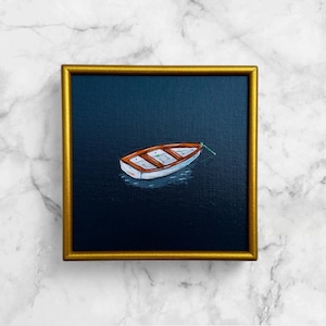 Original Mini Painting / Mini Art / Small Art / Framed Print | Vintage Print / Still Life / Row Boat / Sea / Navy Art / Sara Beckley