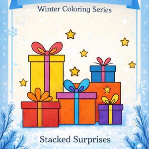 Puede incluir: Ilustración colorida titulada "Little Winter Wonders" con una pila de cajas de regalo de varios tamaños y colores, incluyendo amarillo, naranja, rojo, azul y morado, cada una adornada con un lazo contrastante. El texto "Stacked Surprises" está en la parte inferior.