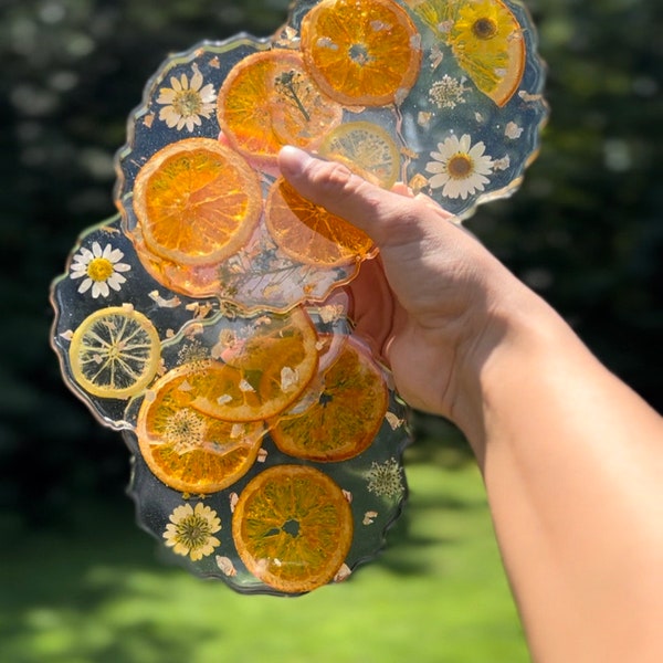 Juicy Summer Slices Coaster Set - Geode-Shaped, Epoxy Resin Coasters with Real Dried Fruits, Flowers, Foliage and Gold Flakes