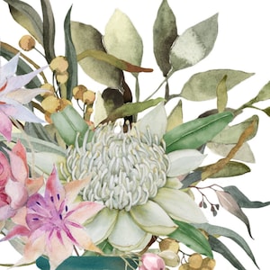 Protea and Serruria Bouquet, Native Botanical Wall Art, Floral Watercolour Prints, Digital PRINTABLE floral prints, Muted watercolour prints