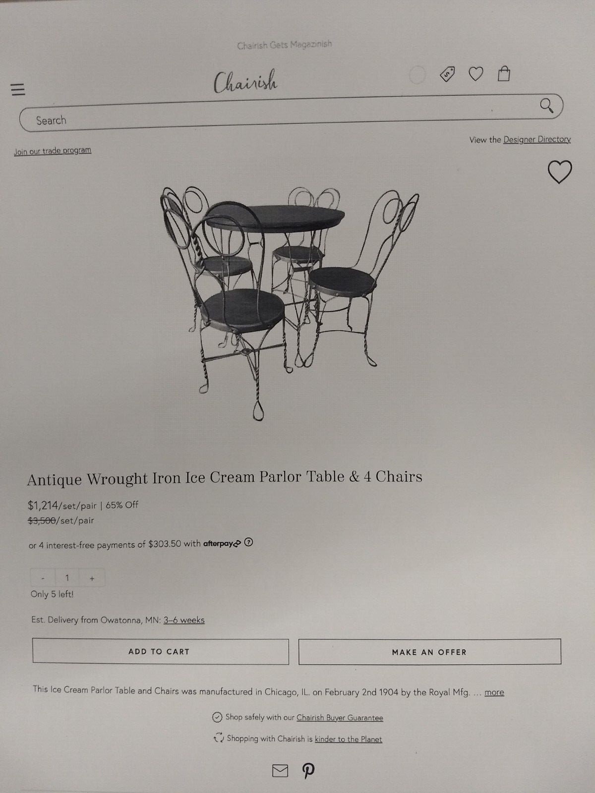 Vintage Ice Cream Parlor Set Twisted Iron Table and 4 Chairs Mint