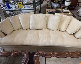 Very nice vintage off-white, low back sofa with 7 pillows