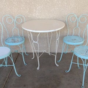 Vintage Ice Cream Parlor Set Twisted Iron Table and 4 Chairs Mint Green