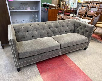 Extra nice modern tufted Kravet sofa with double row of chrome nail heads