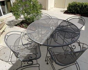 Vintage Russell Woodard Style Iron Patio Set Table 4 Spring Chairs - Rare Design