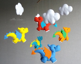 Dragon baby mobile Fantasy nursery decor Dragon nursery Felt dragons and clouds Dragon baby shower Enchanted forest nursery