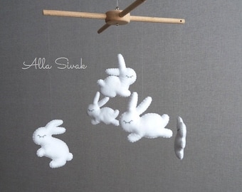 Bunny Baby Mobile for Woodland Nursery Decor, Neutral Felt Hare Crib Hanging, Classic Rabbit White Crib Mobile, Storybook Nursery