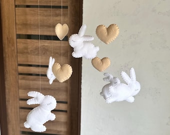 Bunny Baby Mobile for Nursery, Rabbit Crib Mobile, Neutral Felt Hanging Decor for Woodland Nursery