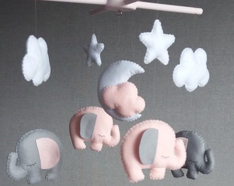 Mobile pour bébé, mobile de bébé éléphant, mobile de berceau rose, mobile de pépinière d’éléphant, mobile d’éléphant de pépinière de bébé fille, mobile de bébé rose