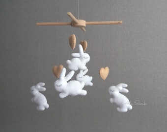 Bunny Baby Mobile, Bunny Nursery, Neutral Crib decor, Handmade Felt Mobile, Gift for New Mom, Woodland Baby Shower Gift