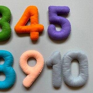 May include: Felt numbers 3, 4, 5, 8, 9, 10 in various colours. The numbers are stitched with a white thread.