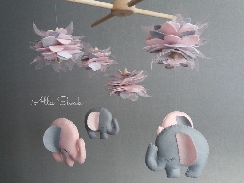 Elephant girl mobile Elephant and flowers mobile Pink and Etsy