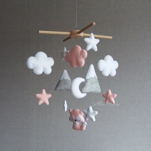 Baby girl mobile, Fox mobile, Woodland mobile, Baby mobile, Pink nursery decor, Baby girl mountain mobile, Pink and grey mobile