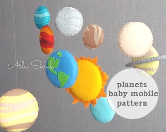 Planet mobile pattern, Solar system felt pattern, Space baby mobile pattern, DIY solar system mobile, Plush sewing pattern solar system