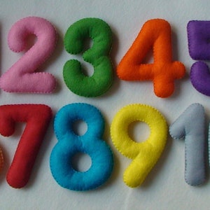 May include: Ten felt numbers, each a different colour, from 1 to 10. The numbers are sewn with a white thread.