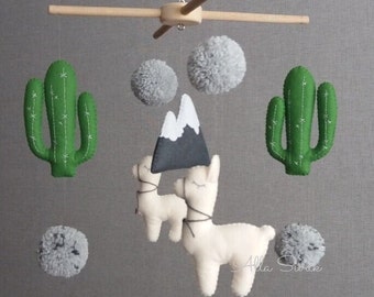 Baby mobile llama, Llama cactus nursery mobile, Cactus mobile, Llama nursery decor, Alpaca mobile, Llama baby gift, Crib mobile pom pom