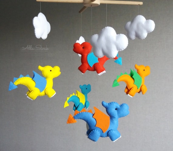 Dragon Baby Mobile, Fantasy Nursery Decor, Felt Dragons and Clouds