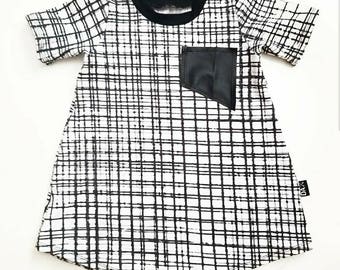 Grid dress with faux leather pocket monochrome, urban, edgy