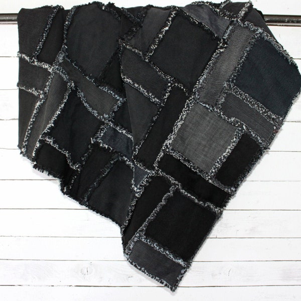 Black Denim Rag Quilt // Recycled Jeans // Handmade // 50”x60”