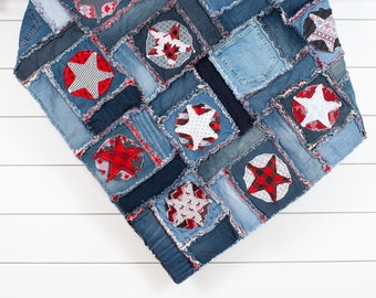 True North Canada // Canadian Theme // Upcycled Blue Jean Rag Lap Quilt // 50”x60”