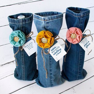 Wine Gift Bags x3 // Upcycled Blue Jeans // Sea Blue Old Gold Petal