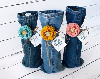 Wine Gift Bags x3 // Upcycled Blue Jeans // Sea Blue Old Gold Petal