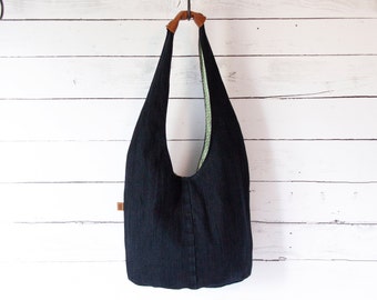 Hobo Shoulder Bag Purse // Green Lining // Upcycled Blue Jeans // Bucket Bag // Tote Bag