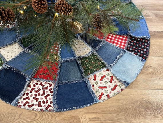 Christmas Tree Skirt Truck Poinsettia Cardinal Red Green Black Recycled Denim 48 Etsy