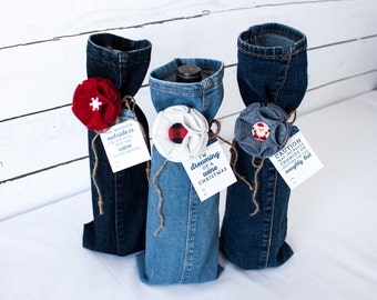 Wine Gift Bags x3 // Christmas // Upcycled Blue Jeans // Grey Red Offwhite