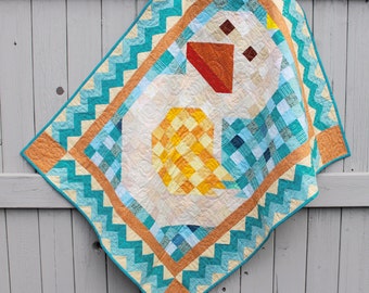 Ducky // Baby or Toddler Patchwork Quilt // Blue Yellow Orange // Crib Size // 40"x50" // 001