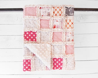 Minky Baby Girl Rag Quilt // Pink, Orange, Owl, Bunny // Crib Size // 42”x42”