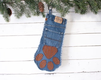 Christmas Cat, Dog Paw Stocking // Rust, Brown, Tan Plaid // Recycled Denim Pocket