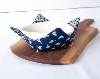 Soup Bowl Cozy // Birds, Turquoise, Navy // Microwave Bowl Holder