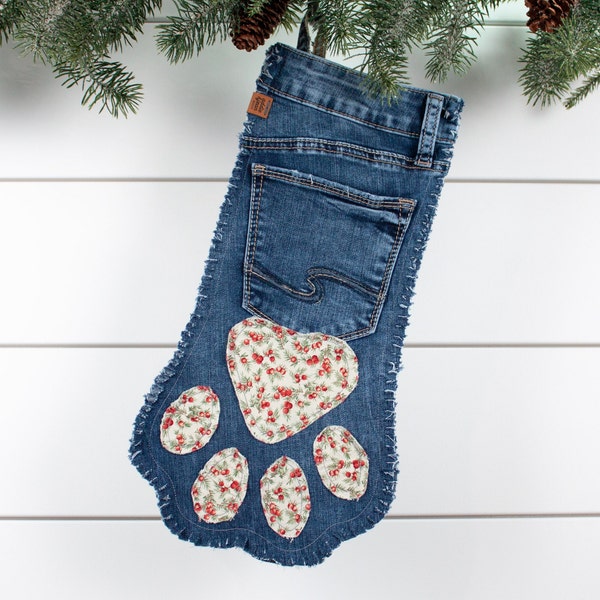 Christmas Pet Paw Stocking // Red Berries // Recycled Denim Pocket