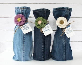 Wine Gift Bags x3 // Upcycled Blue Jeans // Purple Green Cream