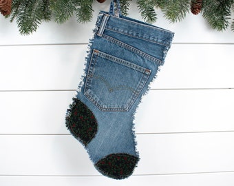 Christmas Stocking // Red, Green, Black Holly // Recycled Denim Pocket // Handmade