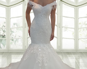 Off Shoulder Mermaid wedding dress with detachable train