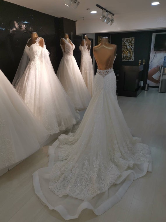 open back trumpet wedding dress