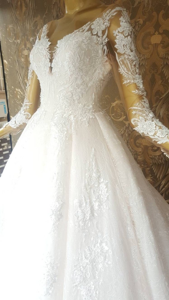 Lace Wedding Dress With Sleeves Puffy Wedding Gown A Line Etsy