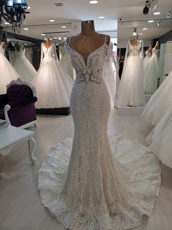 beaded fishtail wedding dress