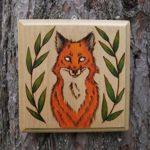 Wood Burned Fox and Foliage/ Pyrography Hangable Art/ Handmade Wood Home Decor/ Witch Art/ Halloween/ Cottagecore/ Fox Art/